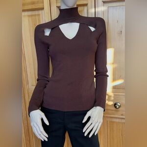 Cache Brown Ribbed Cutout Turtleneck Sweater Top M #10